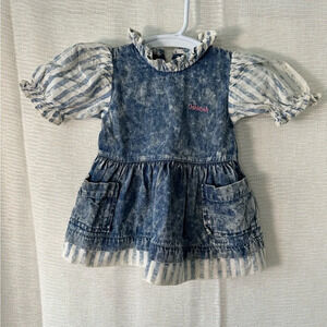 Vintage OshKosh Acid Washed Denim Ruffle Striped Dress USA 12 Months